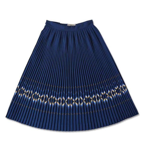 1970s Vintage Navy Blue Embroidered Pleated Skirt