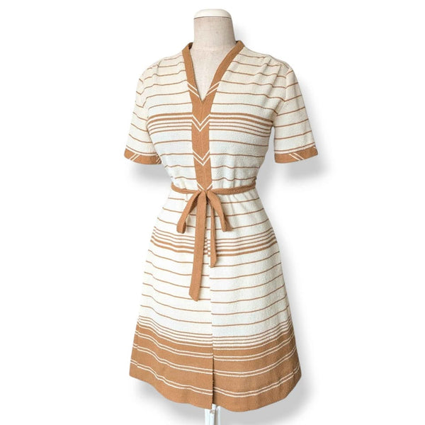 1970s Vintage Tan Striped Terry Toweling Day Dress