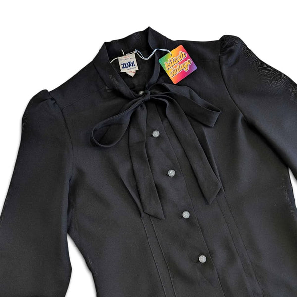 1970's Vintage Deadstock Black Pussybow Blouse