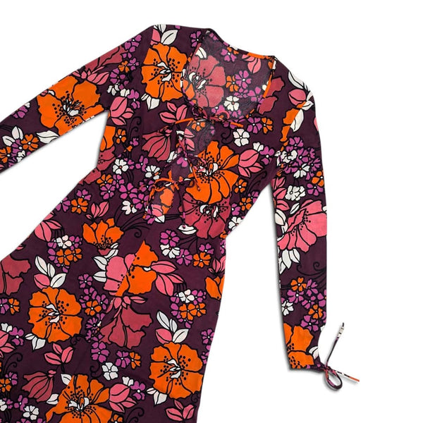 1970's Vintage Orange and Pink Floral Maxi Dress with Lace-Up Neckline