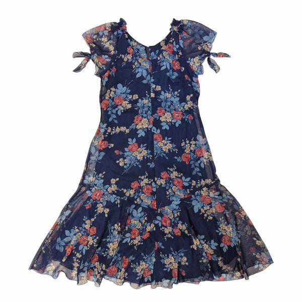 1970's Vintage Blue Floral Chiffon Midi Dress