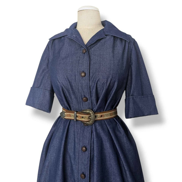 1970s Vintage Blue Denim Midi Day Dress