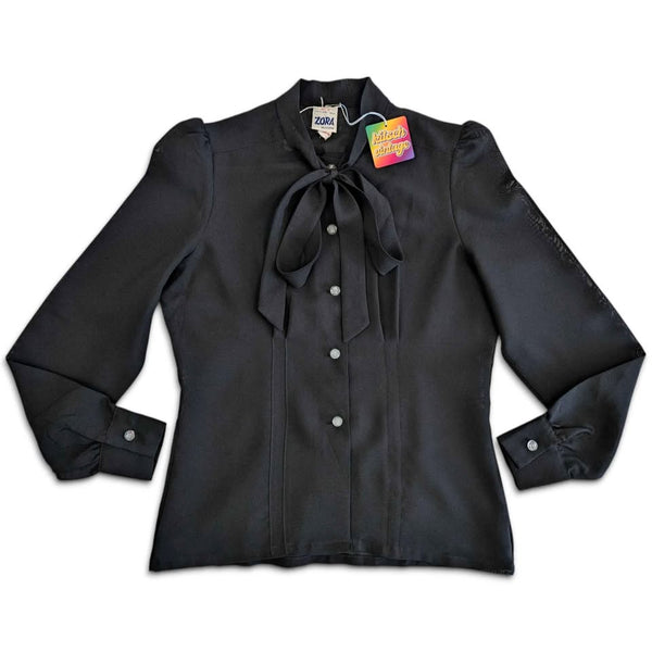 1970's Vintage Deadstock Black Pussybow Blouse