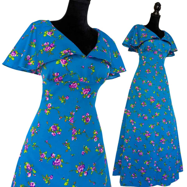 1970's Vintage Blue Floral Maxi Dress