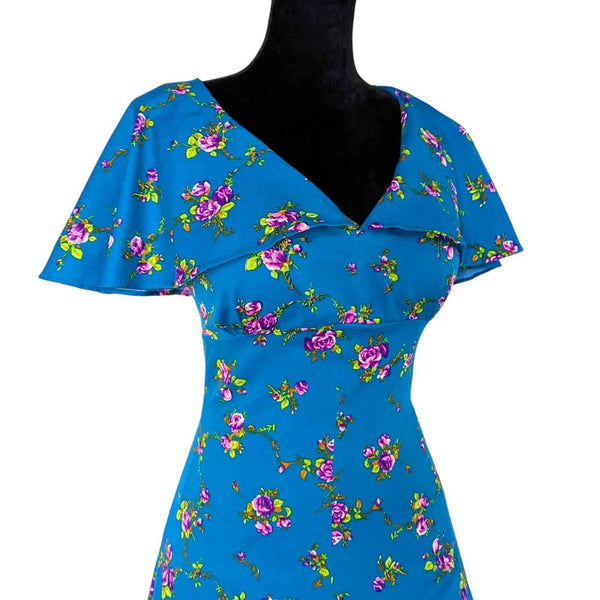 1970's Vintage Blue Floral Maxi Dress