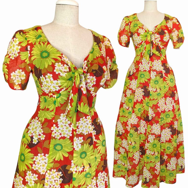 1970's Vintage Floral Red Cotton Maxi Dress