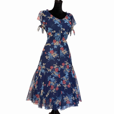 1970's Vintage Blue Floral Chiffon Midi Dress