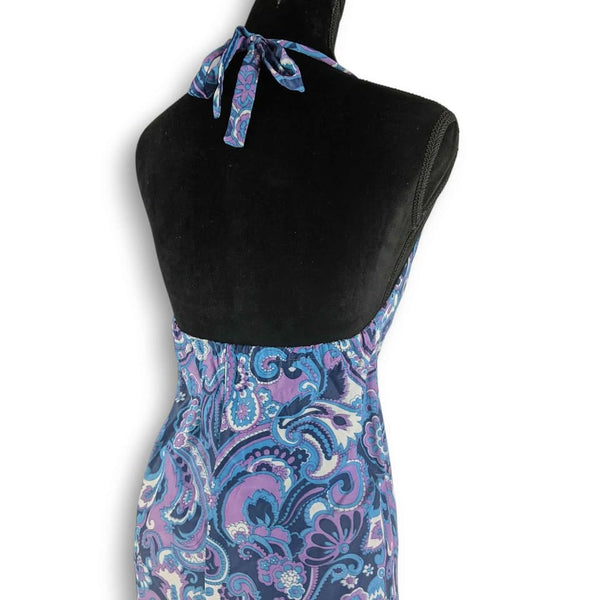 1970s Vintage Purple Paisley Halterneck Maxi Dress