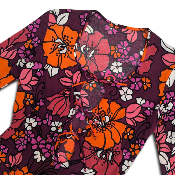 1970's Vintage Orange and Pink Floral Maxi Dress with Lace-Up Neckline