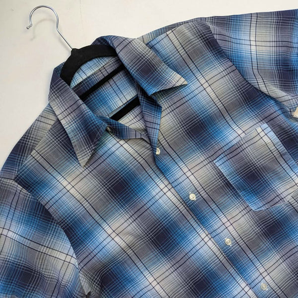 1970's Vintage Blue + Navy Plaid Men's Button Up Shirt