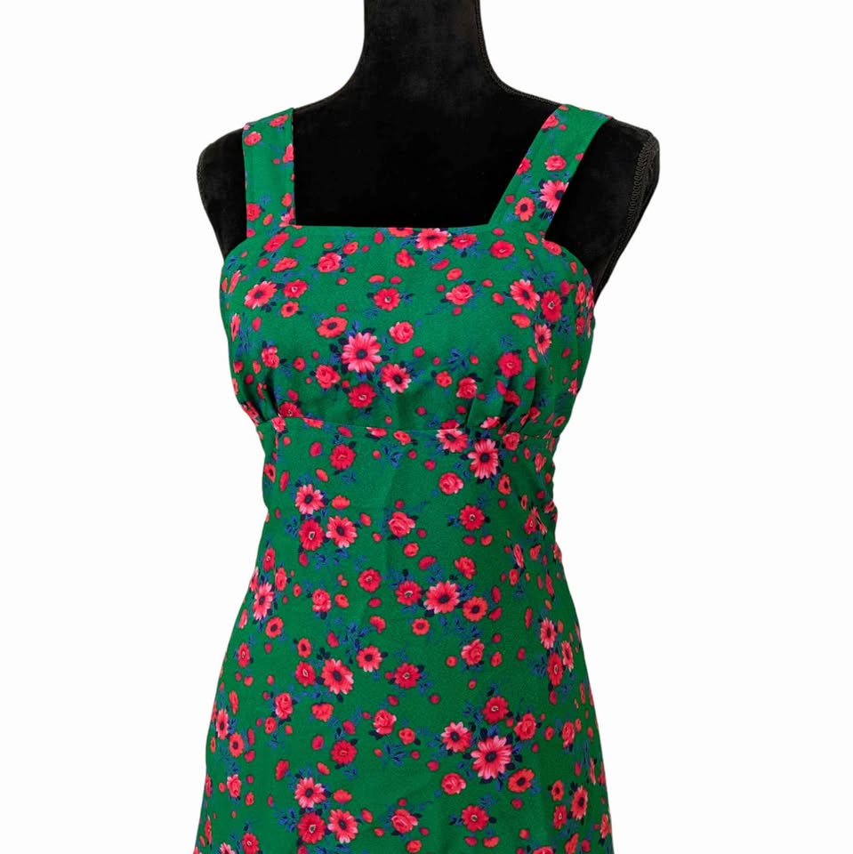 1970's Vintage Green Floral Midi Dress