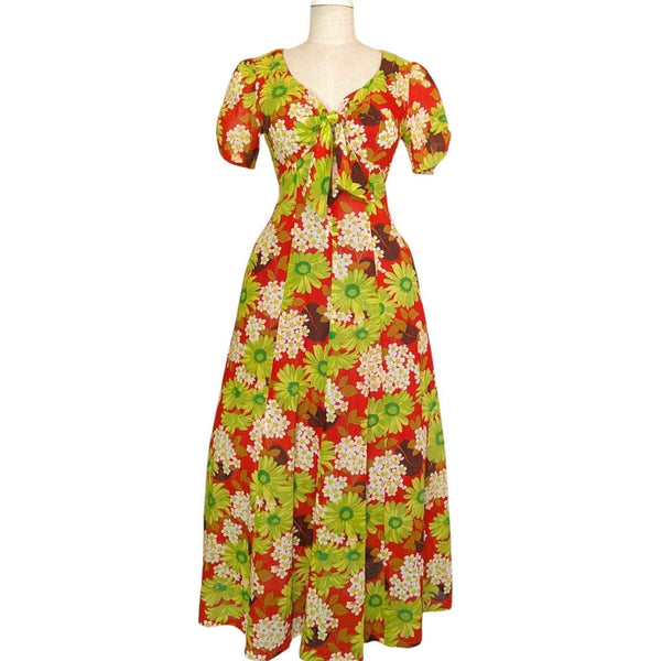 1970's Vintage Floral Red Cotton Maxi Dress