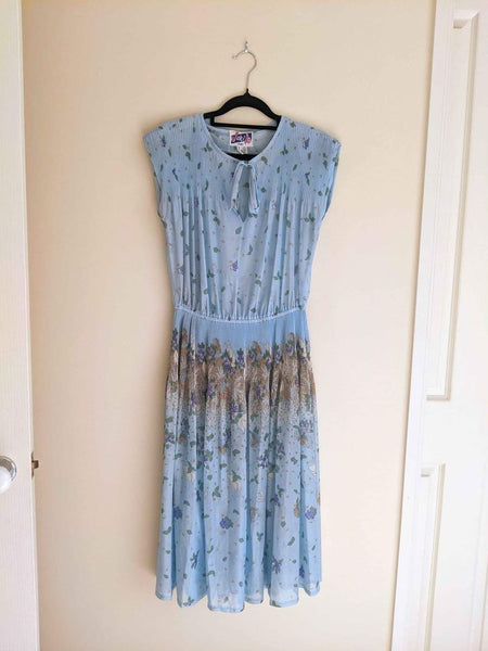 1970's Vintage Sky Blue Floral Day Dress