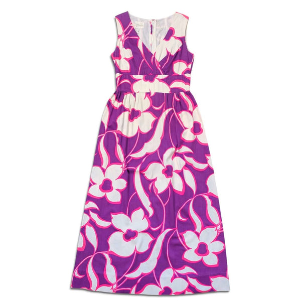 1970s Vintage Purple & Pink Hawaiian Floral Maxi Dress
