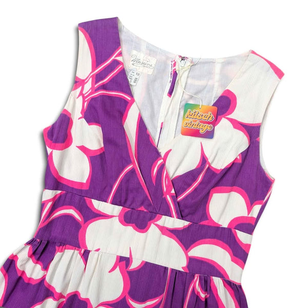 1970s Vintage Purple & Pink Hawaiian Floral Maxi Dress