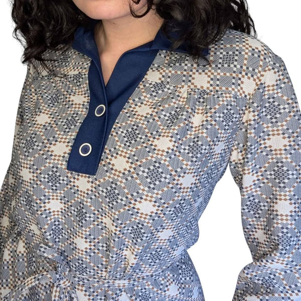 1960's Vintage Blue Geometric Mod Crimplene Shirt