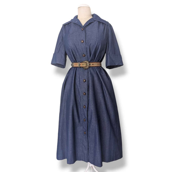 1970s Vintage Blue Denim Midi Day Dress