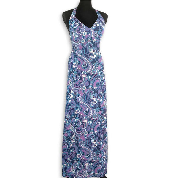 1970s Vintage Purple Paisley Halterneck Maxi Dress