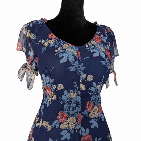 1970's Vintage Blue Floral Chiffon Midi Dress