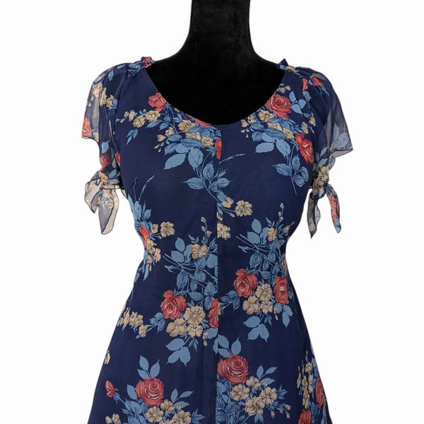 1970's Vintage Blue Floral Chiffon Midi Dress