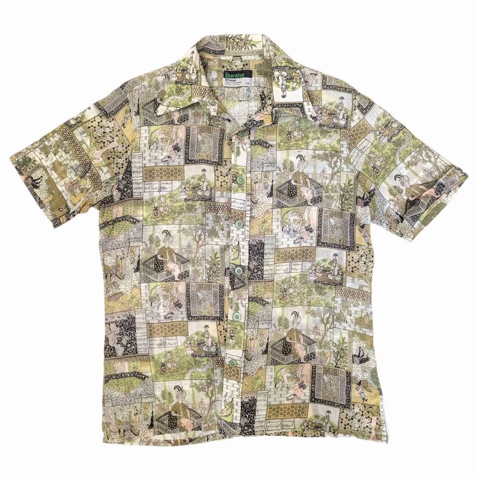 1970's Vintage Green Cotton Print Button Up Shirt