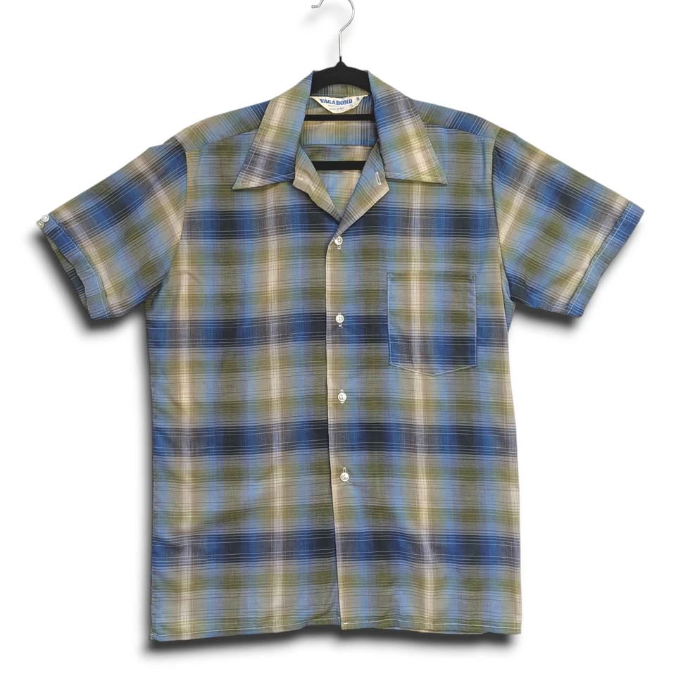 1970's Vintage Green + Navy Plaid Men's Button Up Shirt