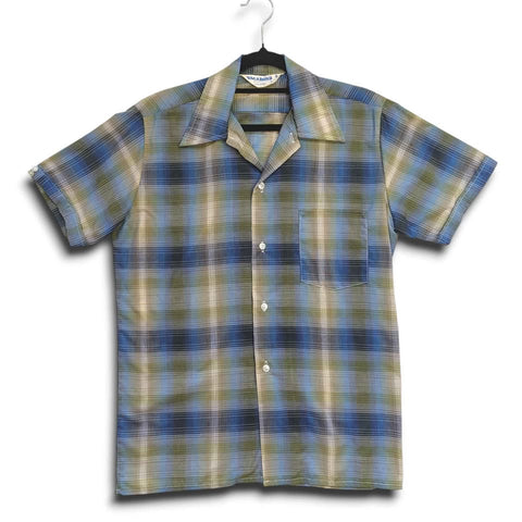 1970's Vintage Green + Navy Plaid Men's Button Up Shirt