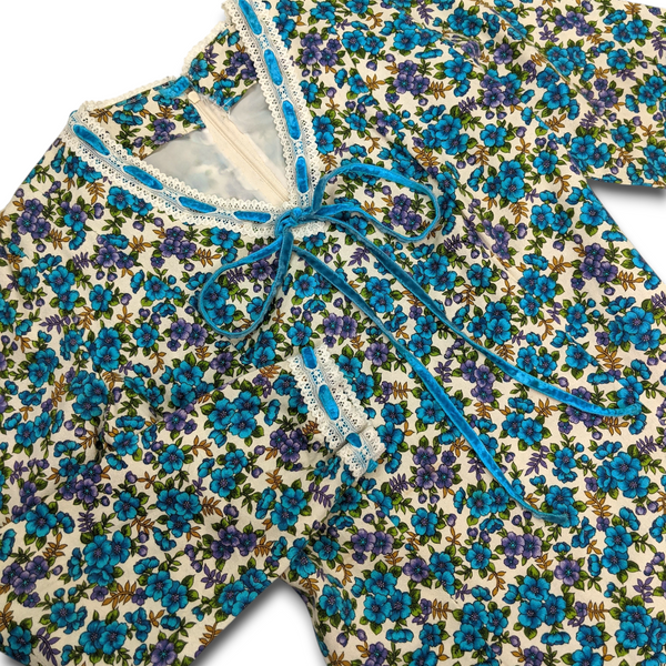 1970s Vintage Blue and Purple Floral Maxi Dress