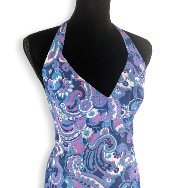 1970s Vintage Purple Paisley Halterneck Maxi Dress