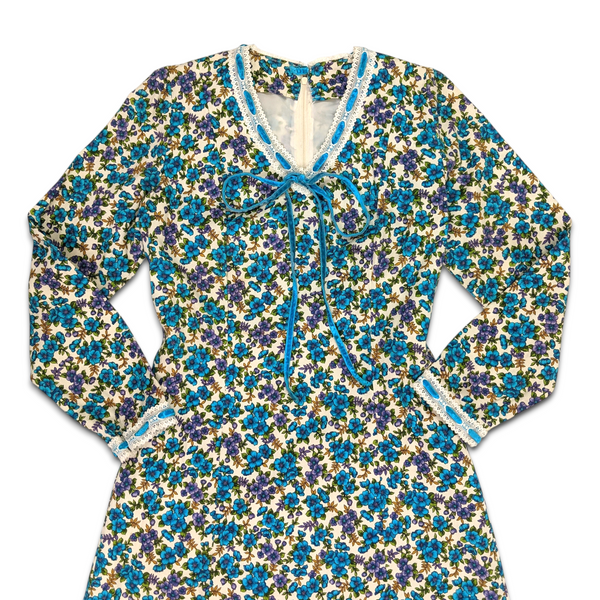 1970s Vintage Blue and Purple Floral Maxi Dress