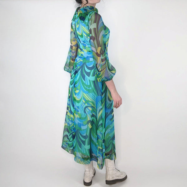 60's / 70's Vintage Psychedelic Blue Green Chiffon Maxi Dress Kitsch Vintage