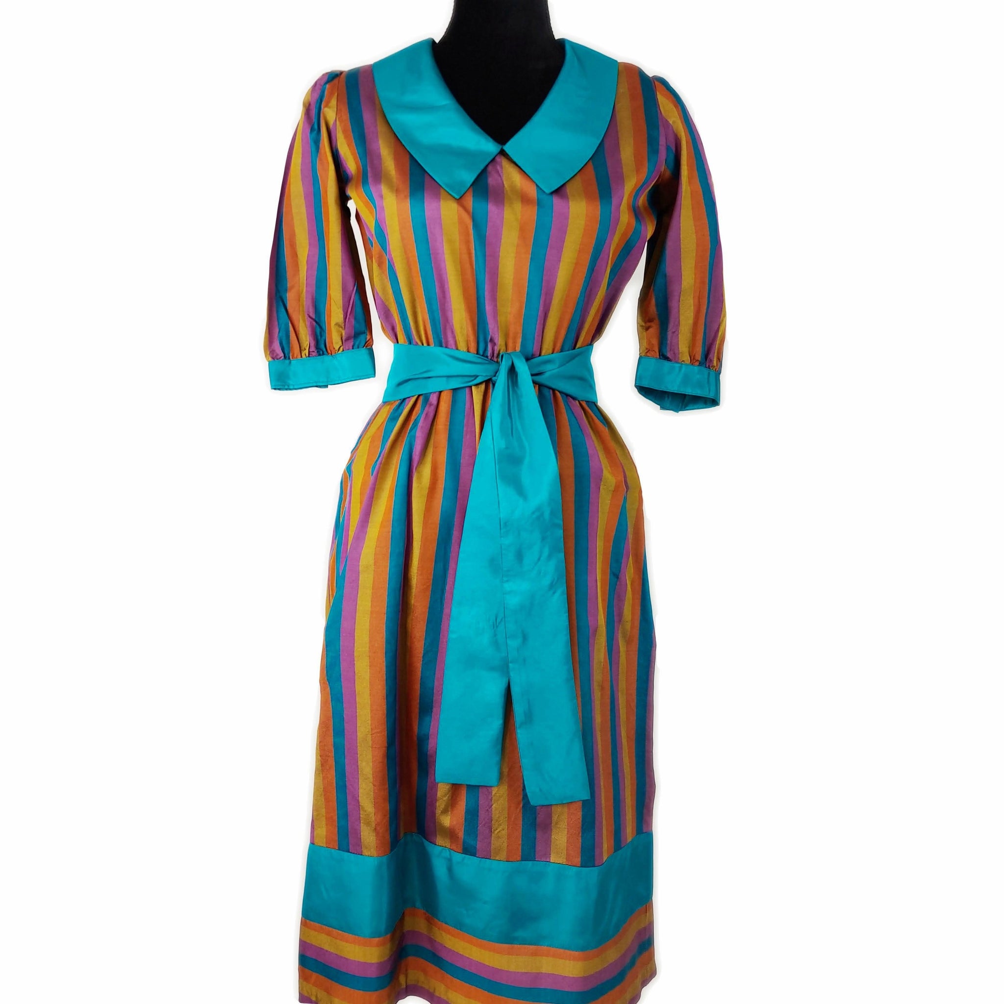 1980's Vintage Rainbow Striped Taffeta Midi Dress kitsch-vintage.myshopify.com