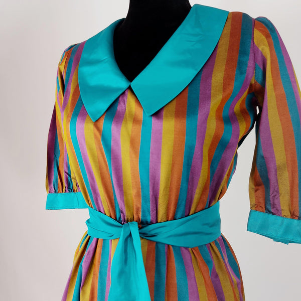 1980's Vintage Rainbow Striped Taffeta Midi Dress Kitsch Vintage