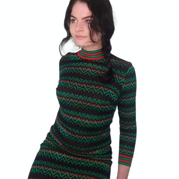 60's Vintage Mod Red, Green and Black Knit Dress Kitsch Vintage