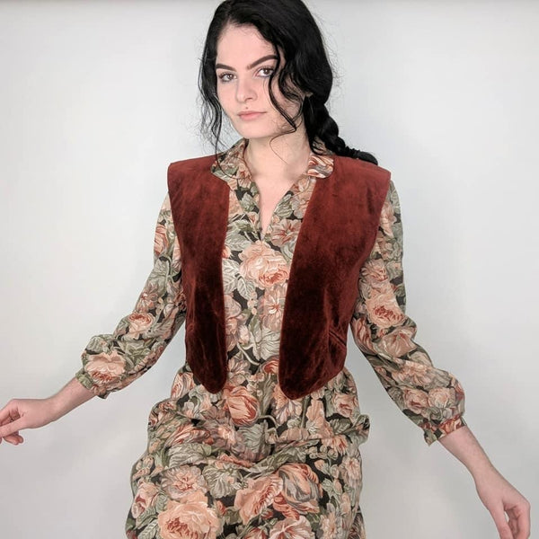 70's Vintage Floral Dress with Matching Reversible Velvet Vest Kitsch Vintage