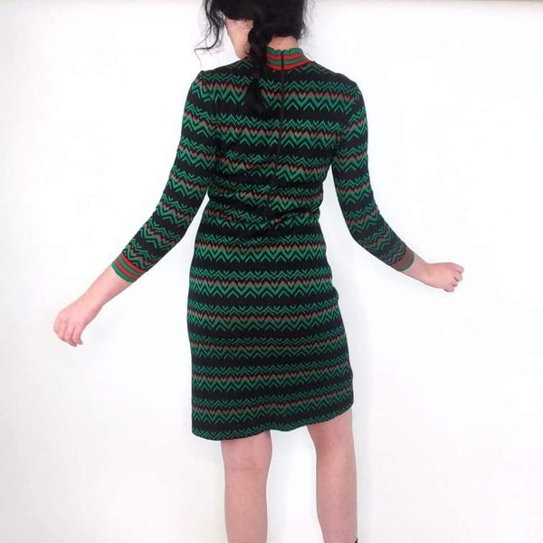 60's Vintage Mod Red, Green and Black Knit Dress Kitsch Vintage