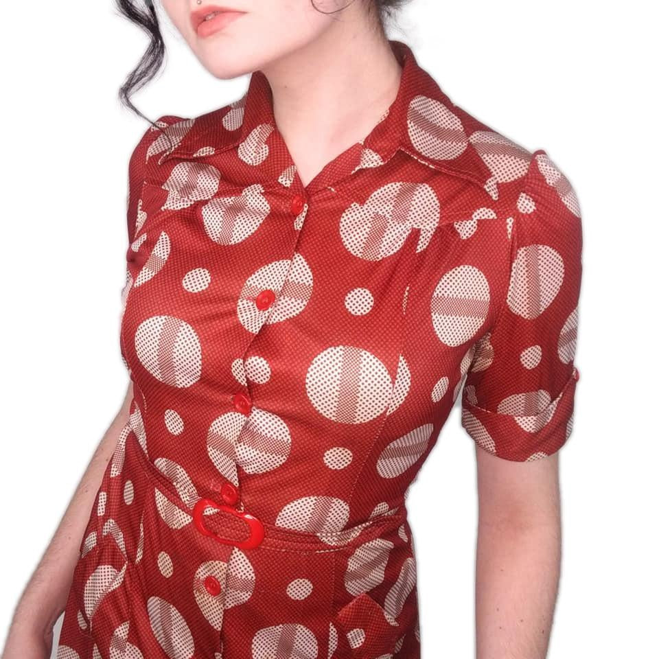 70's Vintage Spotty Op Art Style Red Dress Kitsch Vintage