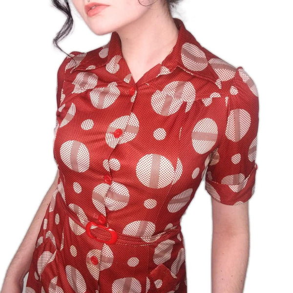 70's Vintage Spotty Op Art Style Red Dress Kitsch Vintage