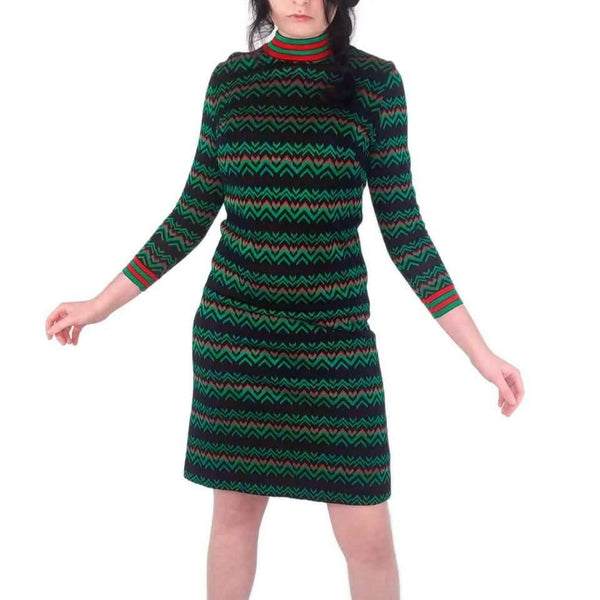 60's Vintage Mod Red, Green and Black Knit Dress Kitsch Vintage