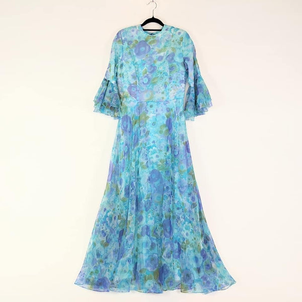 70's Vintage Blue Floaty Floral Maxi Dress Kitsch Vintage