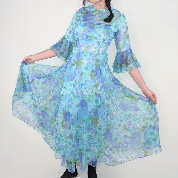 70's Vintage Blue Floaty Floral Maxi Dress Kitsch Vintage