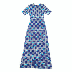 60's / 70's Vintage Blue Novelty Print Tree and House Maxi Dress Kitsch Vintage