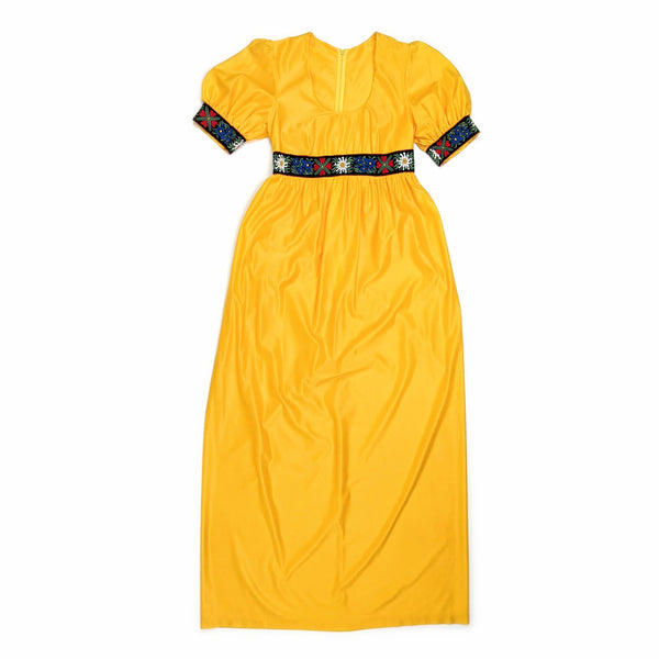 60's / 70's Vintage Yellow Maxi with Floral Trim Kitsch Vintage