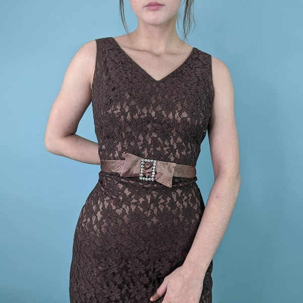 60's Vintage Brown Lace Formal Mini Dress Kitsch Vintage