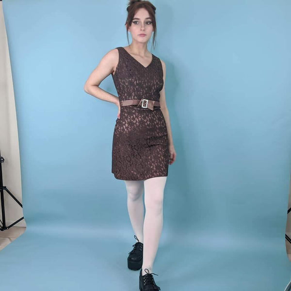 60's Vintage Brown Lace Formal Mini Dress Kitsch Vintage