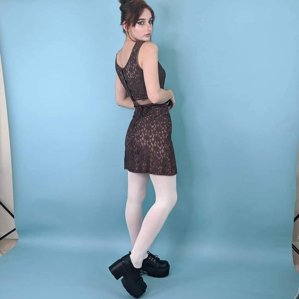 60's Vintage Brown Lace Formal Mini Dress Kitsch Vintage