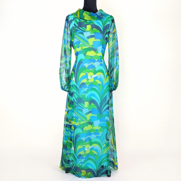 60's / 70's Vintage Psychedelic Blue Green Chiffon Maxi Dress Kitsch Vintage