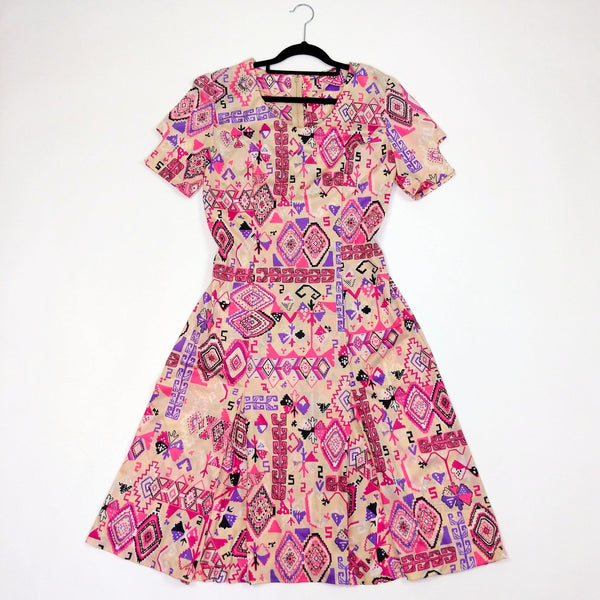 60's Psychedelic Pink Aztec Dress Kitsch Vintage