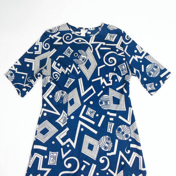 60's Vintage Navy Blue Geometric Print Mod Dress Kitsch Vintage