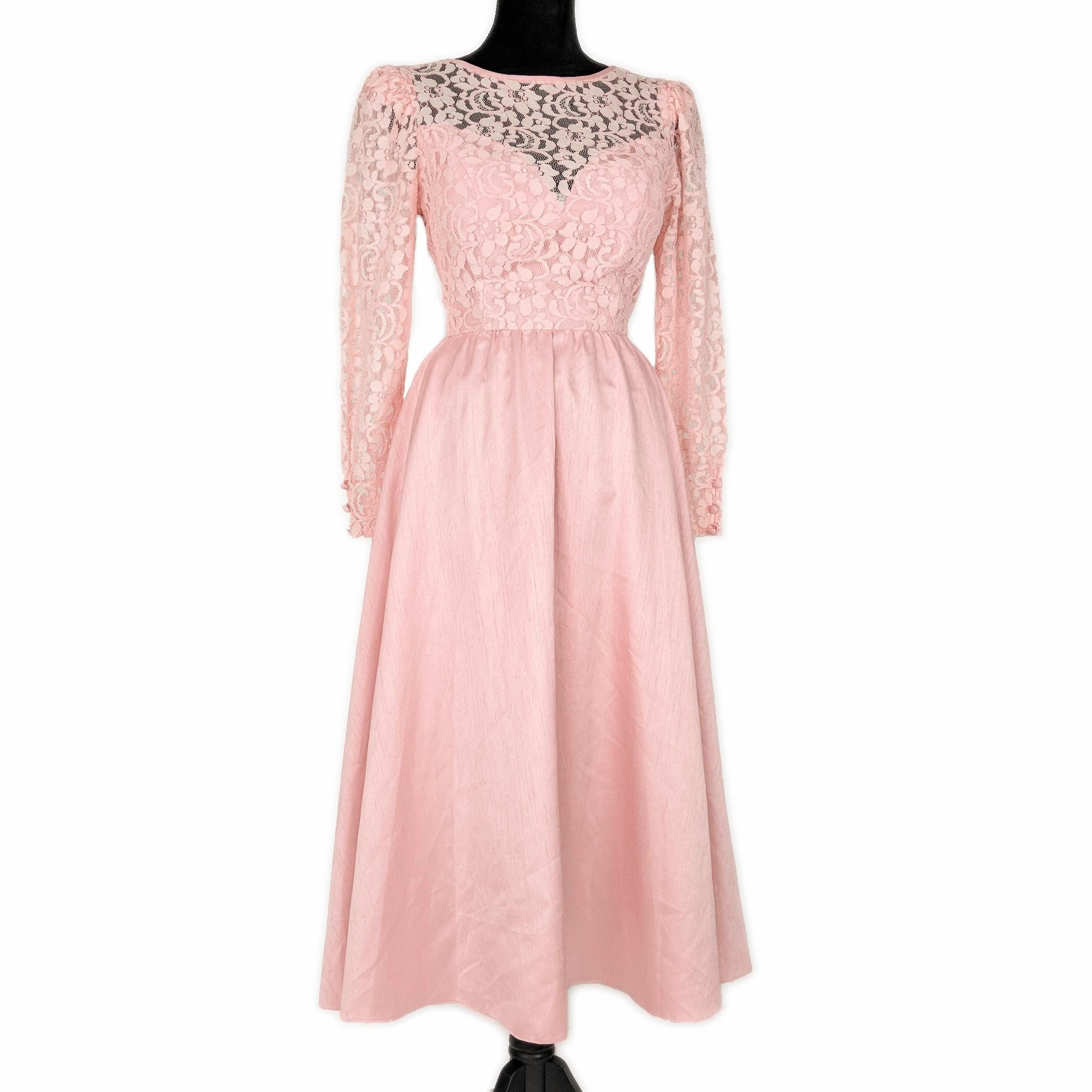 1980's Vintage Pastel Pink Lace Midi Dress Kitsch Vintage